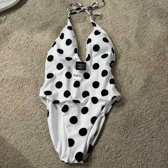 NWT Bar III White & Black Polka Dot Swimsuit One Piece Plunging Neck Size Large - Picture 1 of 10